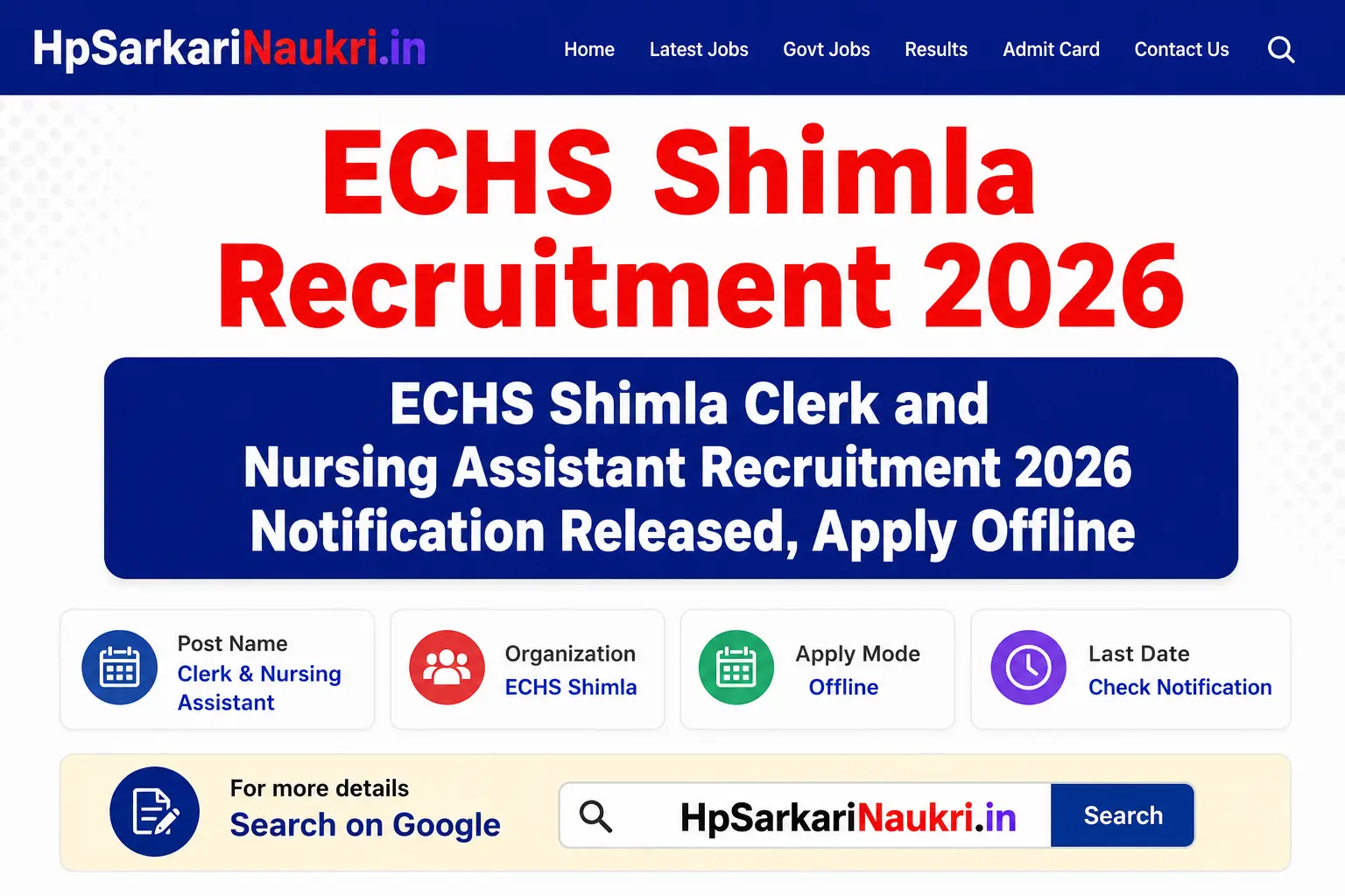 ECHS Shimla Clerk and Nursing Assistant Recruitment 2026 Notification Released, Apply Offline